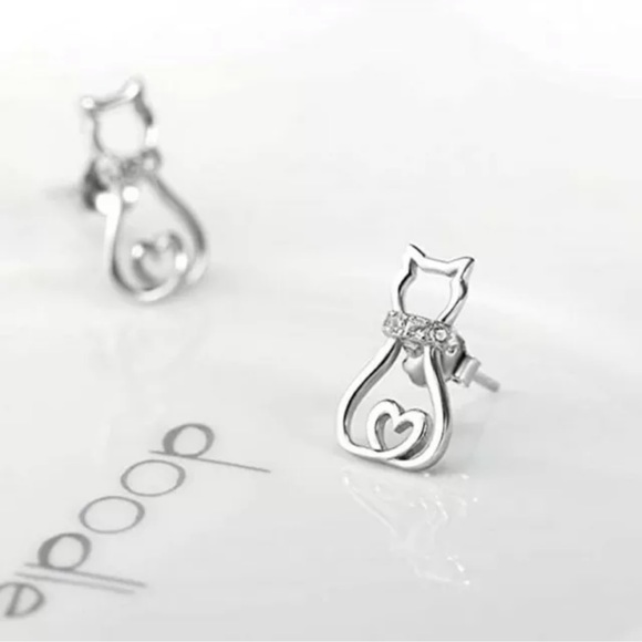 Cat Shaped Party Jewelry Creative Cubic Zirconia 925 Silver Women Stud Earrings - Picture 3 of 4